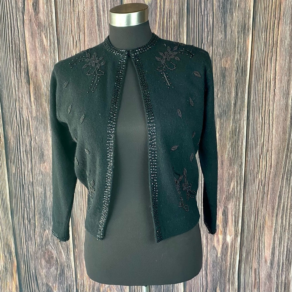 VINTAGE 60's JERI-JO Black Lambswool Beaded Sequined 3/4 Sleeve Cardigan Sweater